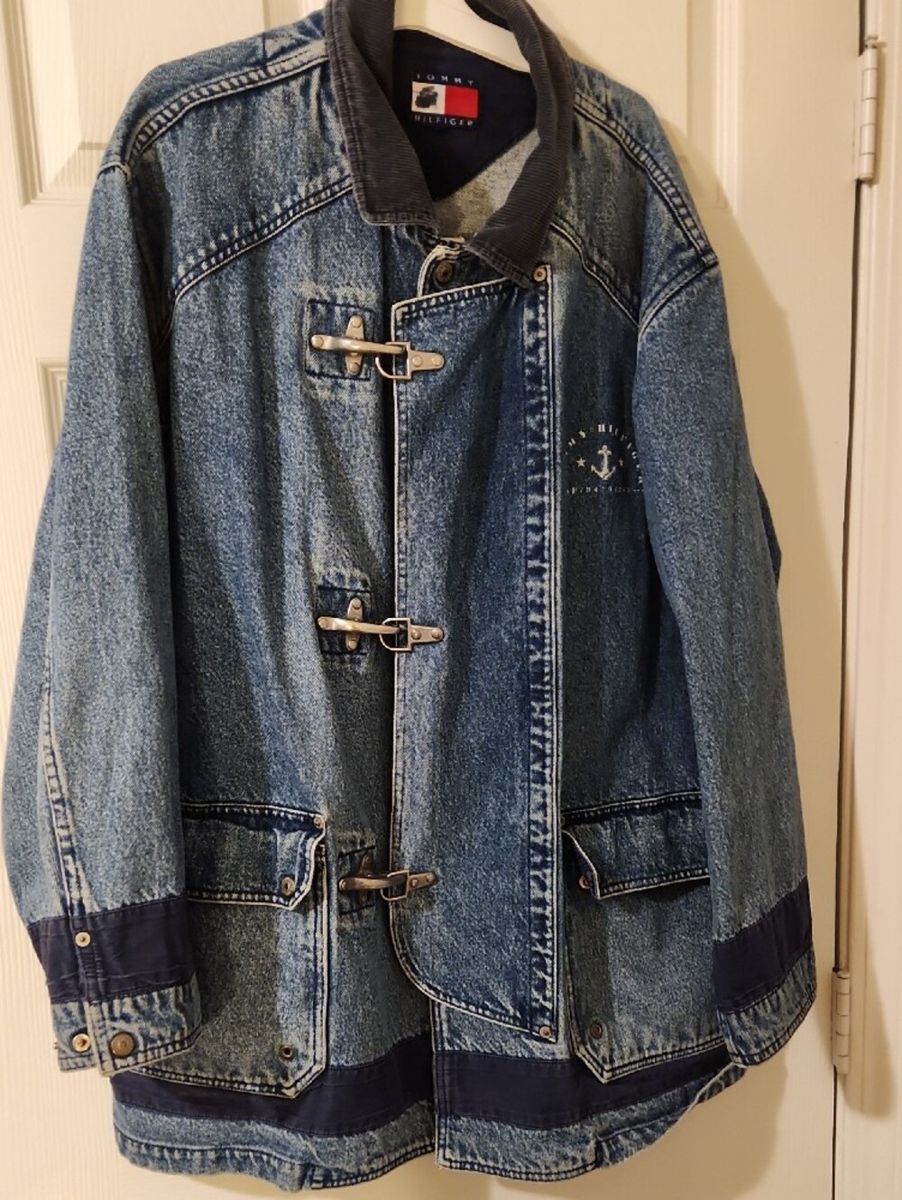 Vintage 90s Y2K Tommy Hilfiger Heavy Denim Jean Utility Coat  Lobster Clasps